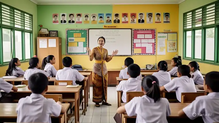 Guru dan siswa berinteraksi positif di kelas, menunjukkan cara menerapkan Pembelajaran Sosial Emosional di sekolah