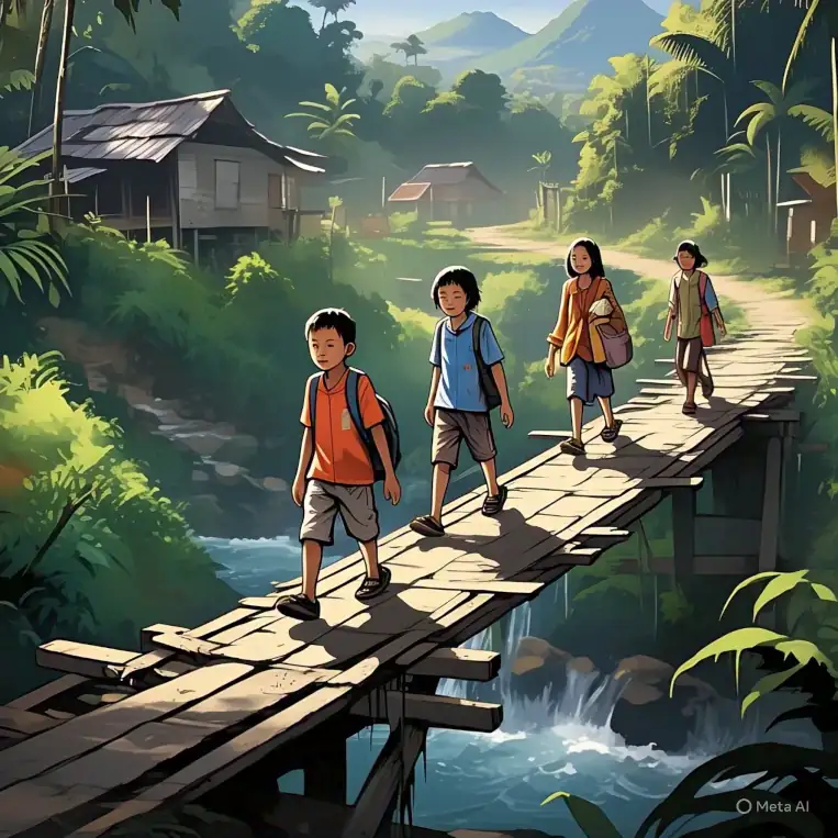 Ilustrasi anak-anak menyeberangi jembatan rusak menuju sekolah di pedesaan, simbol tantangan pemerataan pendidikan di daerah terpencil.