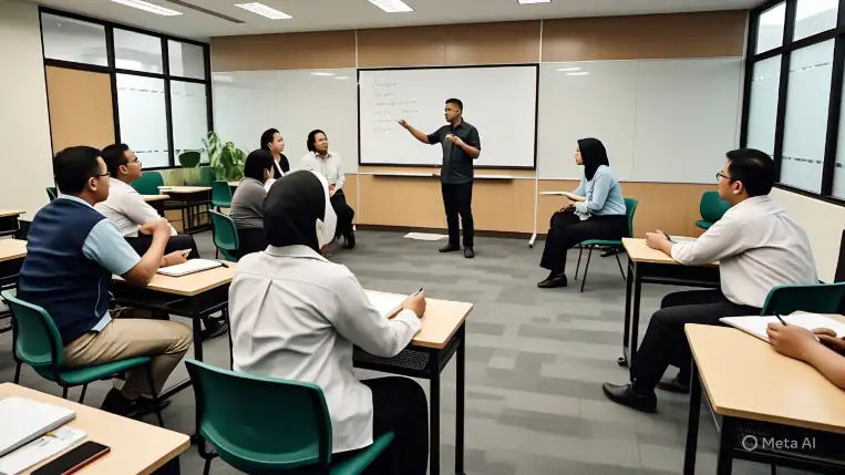 Sekelompok guru sedang mengikuti pelatihan, berdiskusi tentang cara menerapkan Pembelajaran Sosial Emosional di sekolah