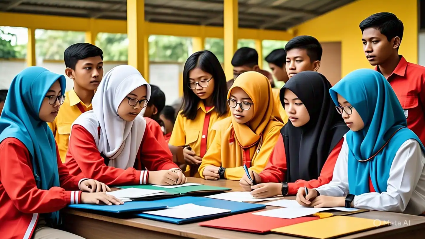 Siswa-siswa, dengan pakaian berwarna cerah yang mewakili kekayaan budaya Indonesia, terlihat terlibat dalam tugas kolaboratif, mempromosikan rasa persatuan dan kerja tim, menunjukkan pendidikan nilai nasional