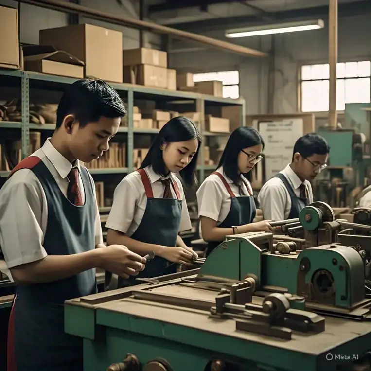 Siswa-siswi SMK sedang praktik di bengkel, menggambarkan pentingnya pendidikan menengah atas kejuruan dalam wajib belajar 13 tahun.