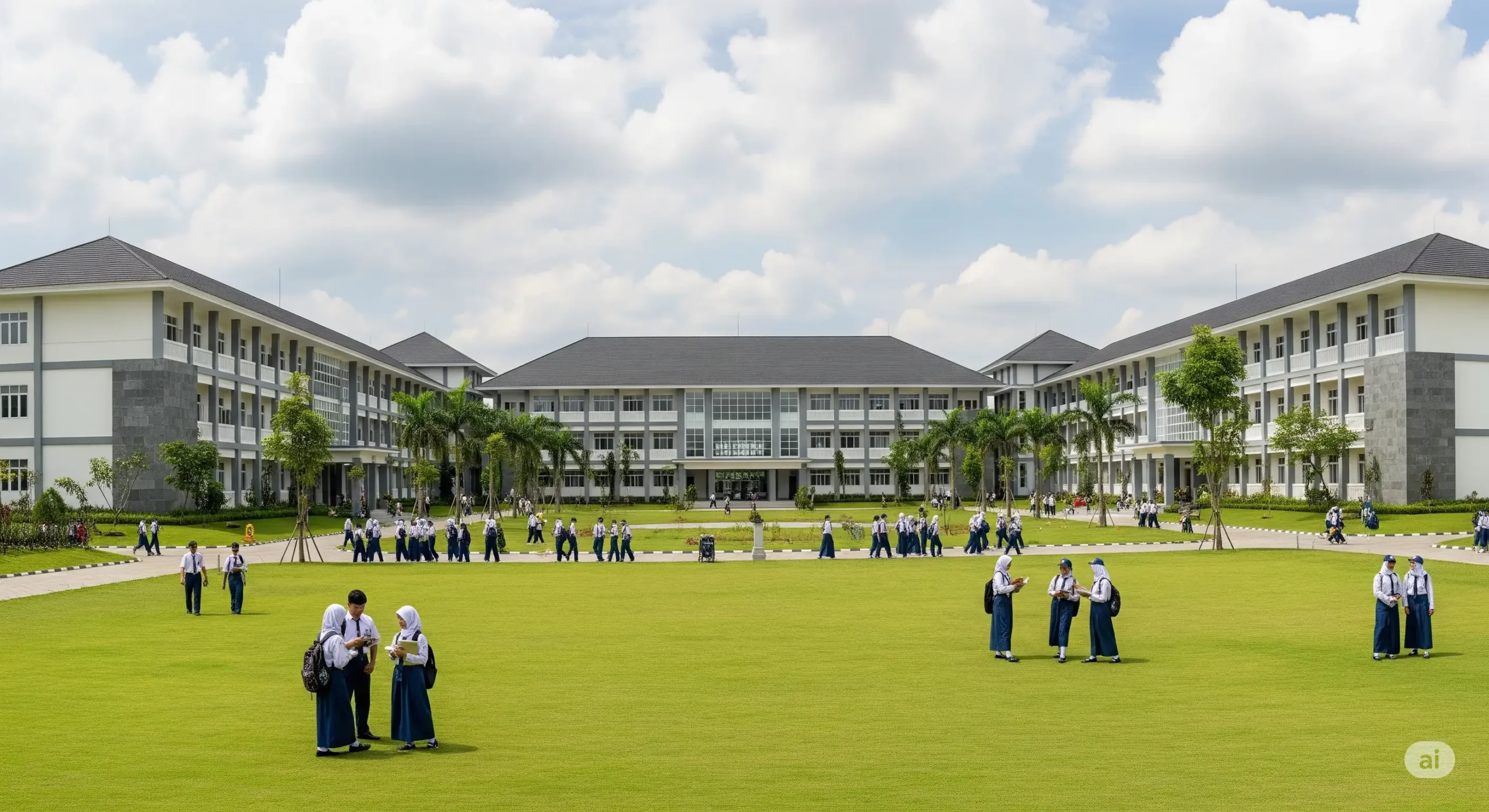 pemandangan-kampus-sma-berasrama-terbaik-di-indonesia Pemandangan kampus SMA berasrama terbaik di Indonesia, menampilkan bangunan modern, halaman hijau luas, dan siswa-siswi berseragam yang sedang berinteraksi.
