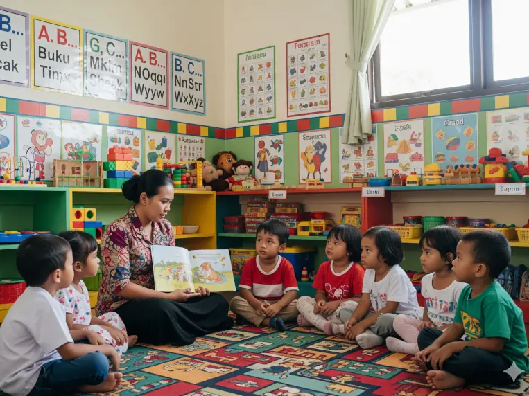 jenjang pendidikan di Indonesia. Guru dan siswa di kelas PAUD, pendidikan anak usia dini, belajar sambil bermain.