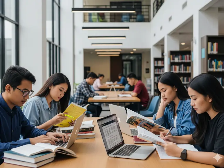 Mahasiswa di perpustakaan universitas, pendidikan tinggi, jenjang pendidikan di Indonesia.