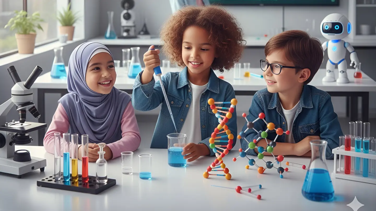 apa itu stem dalam pendidikan. Sekelompok anak-anak dari beragam latar belakang sedang berinteraksi di sebuah laboratorium sains modern