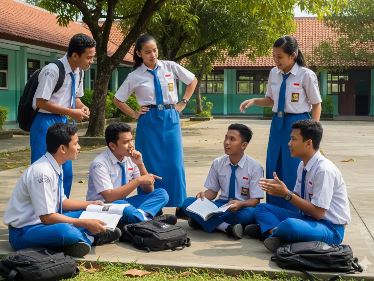 Siswa SMP berdiskusi di sekolah, sistem pendidikan nasional, pendidikan dasar.
