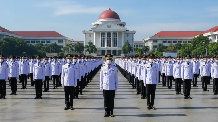 Praja IPDN dalam balutan seragam PDU (Pakaian Dinas Upacara) menunjukkan budaya semi-militer dan kedisiplinan tinggi.