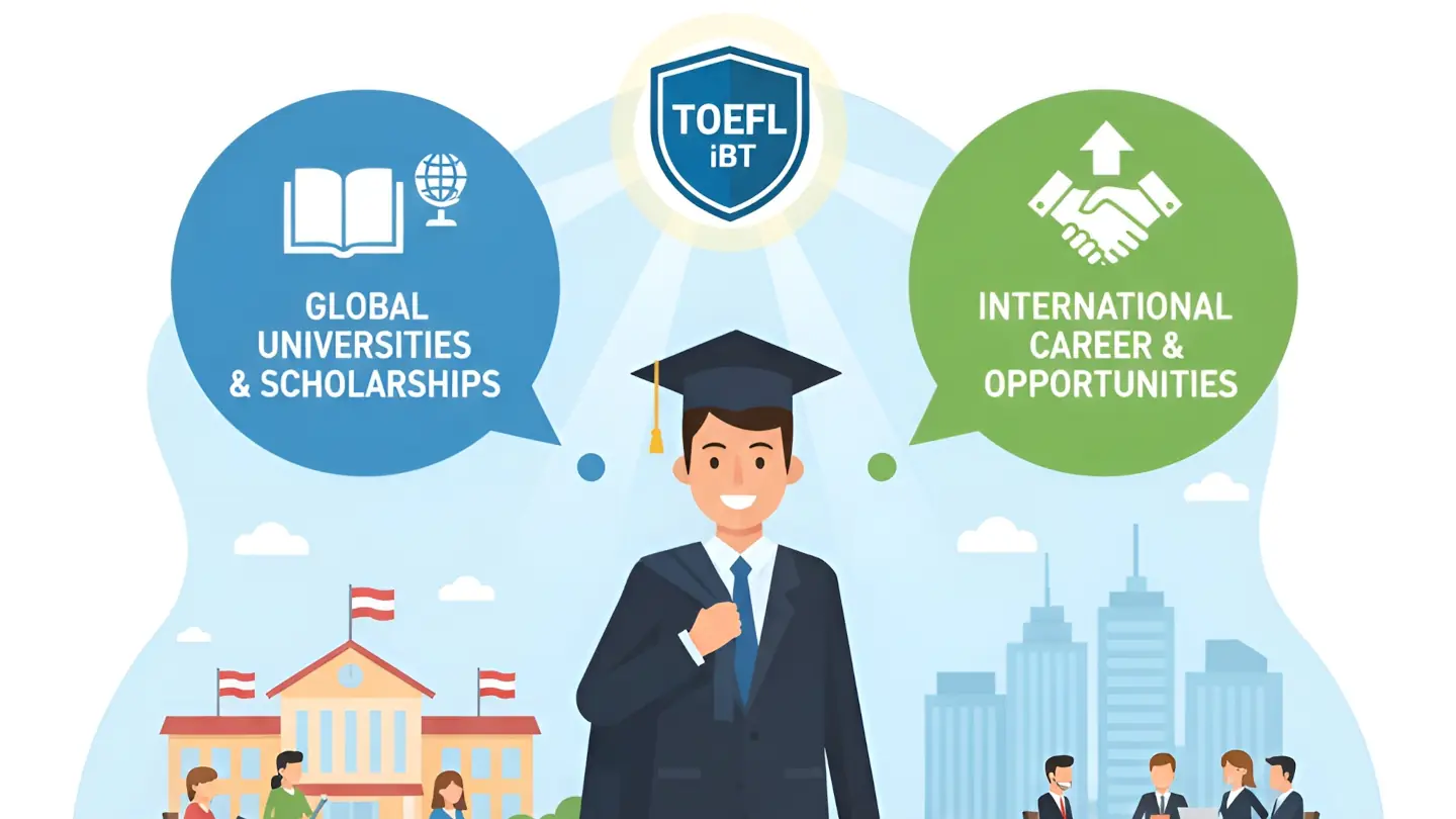 Seorang mahasiswa tersenyum sambil memegang sertifikat, dengan teks overlay "Apa itu TOEFL?"