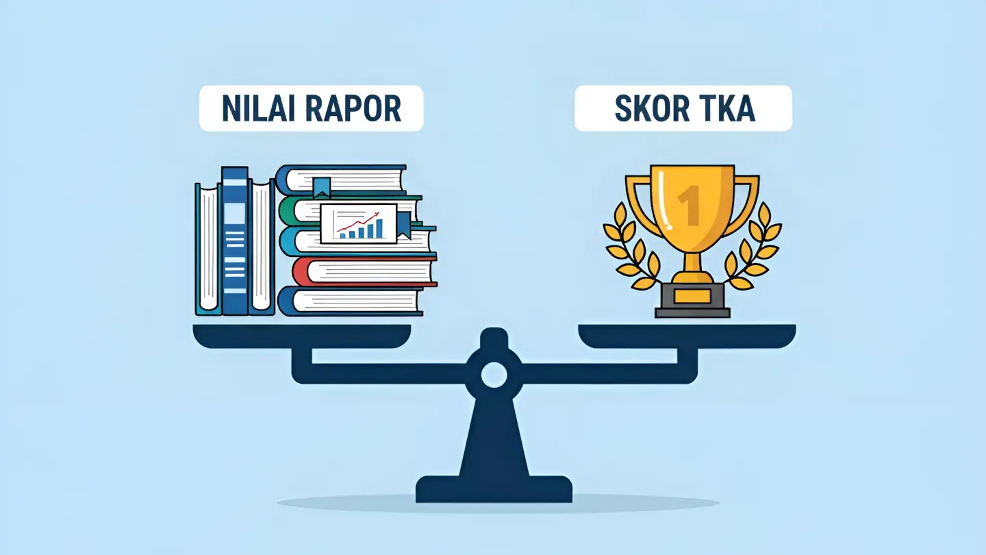 Infografis yang menjelaskan bahwa skor mapel wajib TKA SMA berfungsi sebagai validator nilai rapor untuk SNBP.