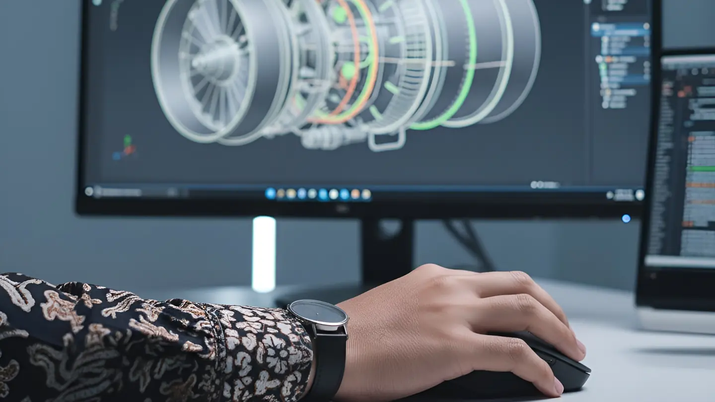 Seorang mahasiswa sedang merancang model 3D mesin di komputer, merepresentasikan salah satu mata kuliah teknik mesin yaitu Desain Berbantuan Komputer (CAD)