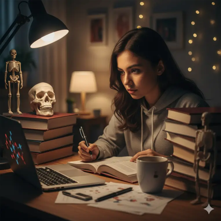 Mindset calon dokter yang tangguh, menunjukkan determinasi saat belajar untuk menghadapi tantangan kuliah kedokteran.