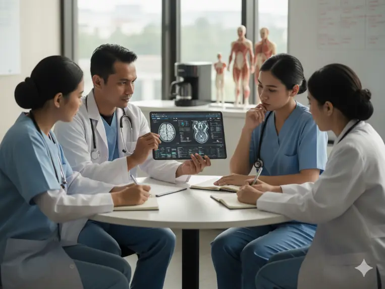 Mindset calon dokter sebagai pemain tim, berkolaborasi dengan profesional kesehatan lain untuk hasil pasien terbaik.