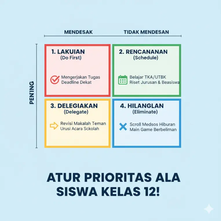 Contoh penerapan Matriks Eisenhower untuk mengatur waktu belajar TKA dan tugas sekolah