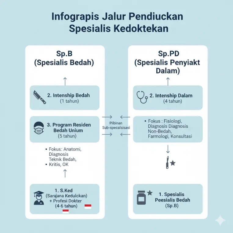 Perbandingan timeline dan kurikulum pendidikan spesialisasi bedah vs penyakit dalam