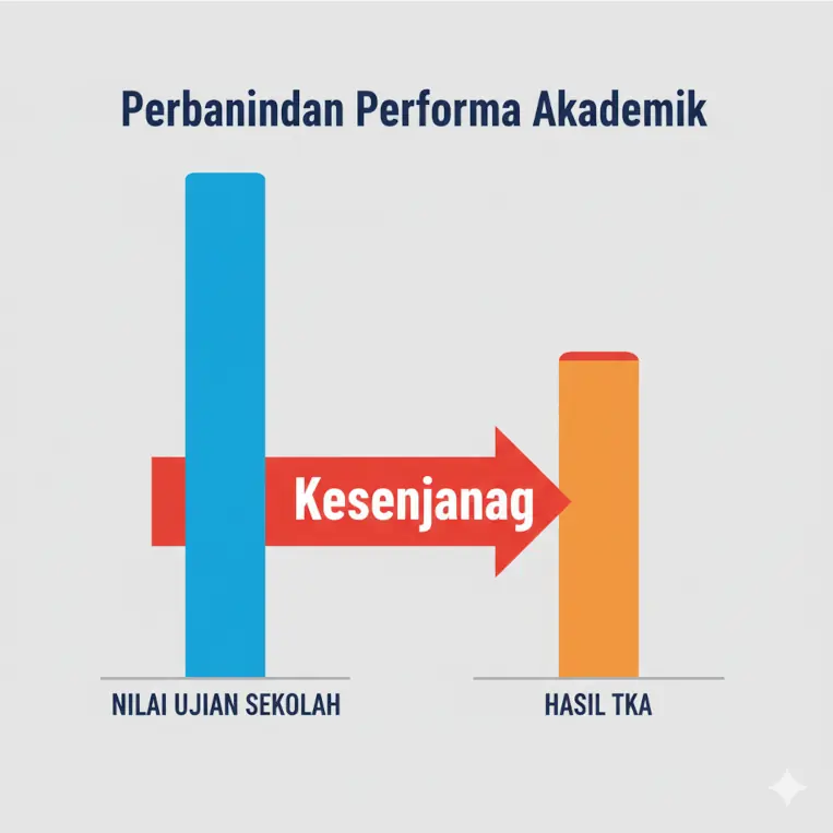 Materi TKA SMP kelas 9 - Grafik menunjukkan gap 28 persen antara nilai ujian sekolah dan hasil TKA siswa SMP/MTs.