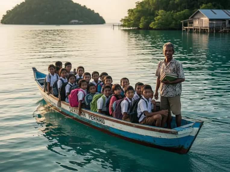 Ilustrasi hambatan logistik dalam sistem pendidikan Indonesia: Guru dan siswa menggunakan perahu atau infrastruktur terbatas di wilayah kepulauan dan daerah 3T.