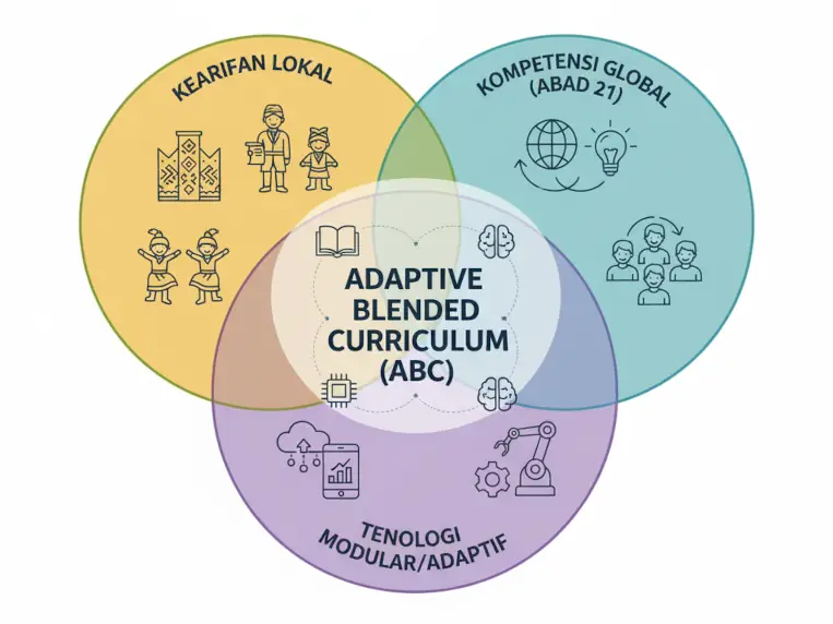 Model kerangka Kurikulum Adaptif (Adaptive Blended Curriculum) yang mengintegrasikan kearifan lokal untuk reformasi pendidikan Indonesia.
