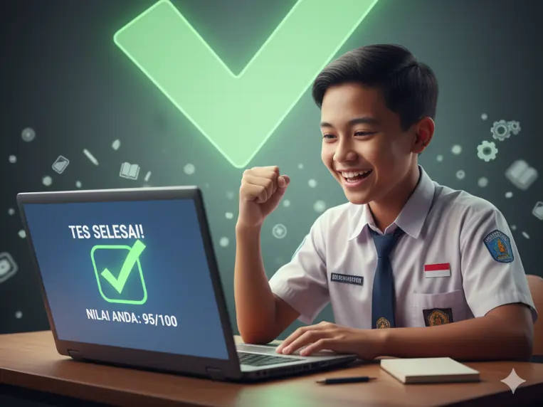 Simulasi TKA SMP online selesai, menunjukkan manajemen waktu dan kesiapan ujian yang maksimal.